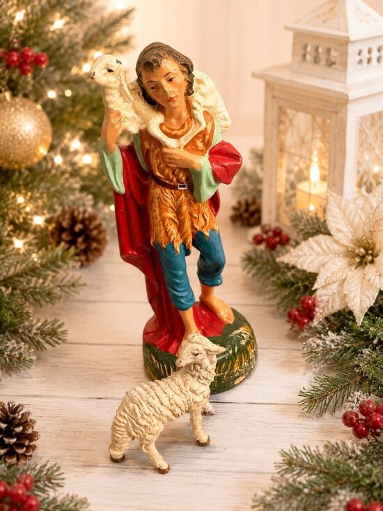 Unknown Other - Vintage Italy Paper Mache Shepherd w Sheep Nativity Figure 8" Scale